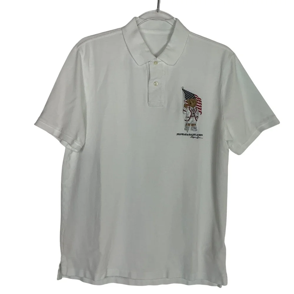 Polo Ralph Lauren Polo Shirt Men Medium White Polo Bear American Flag Flagbearer
